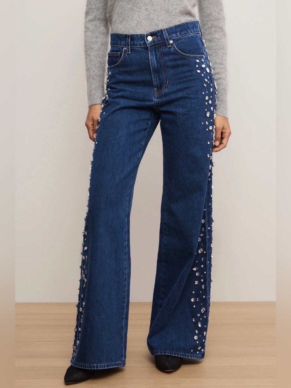 Veronica Beard Kasey Embellished Wide-Leg Jean Crystal-Detail NEW NWT